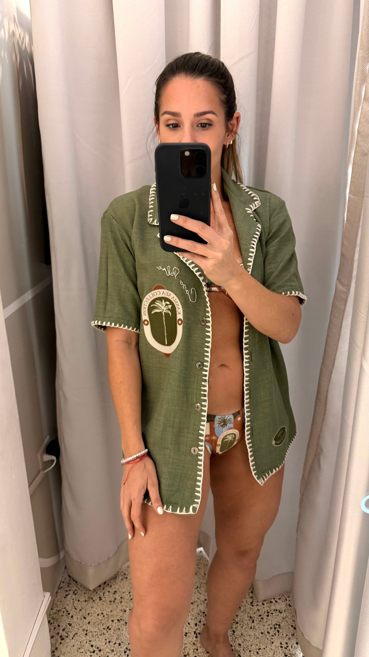 Camisa oliva crochet crema CASA PALMA